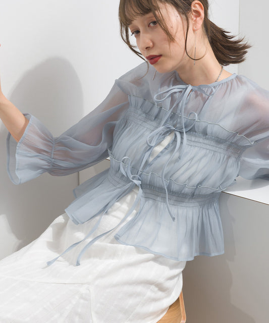 TP802- Front Ribbon Sheer Blouse | White | Blue | Stripe Yellow | Stripe Blue