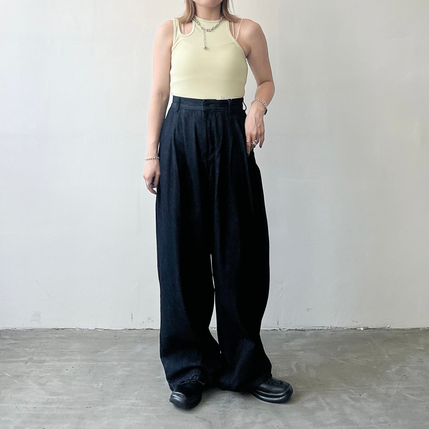 PT54- Denim Pant Tucked Wide Pants | Navy | Black