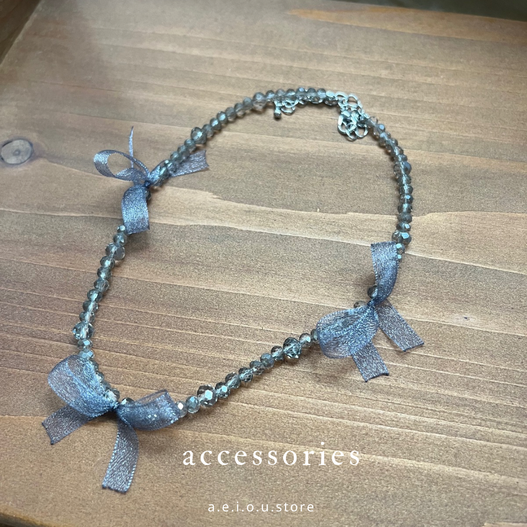 AC128- Three Silk Ribbon Necklace  | White ｜ Grey