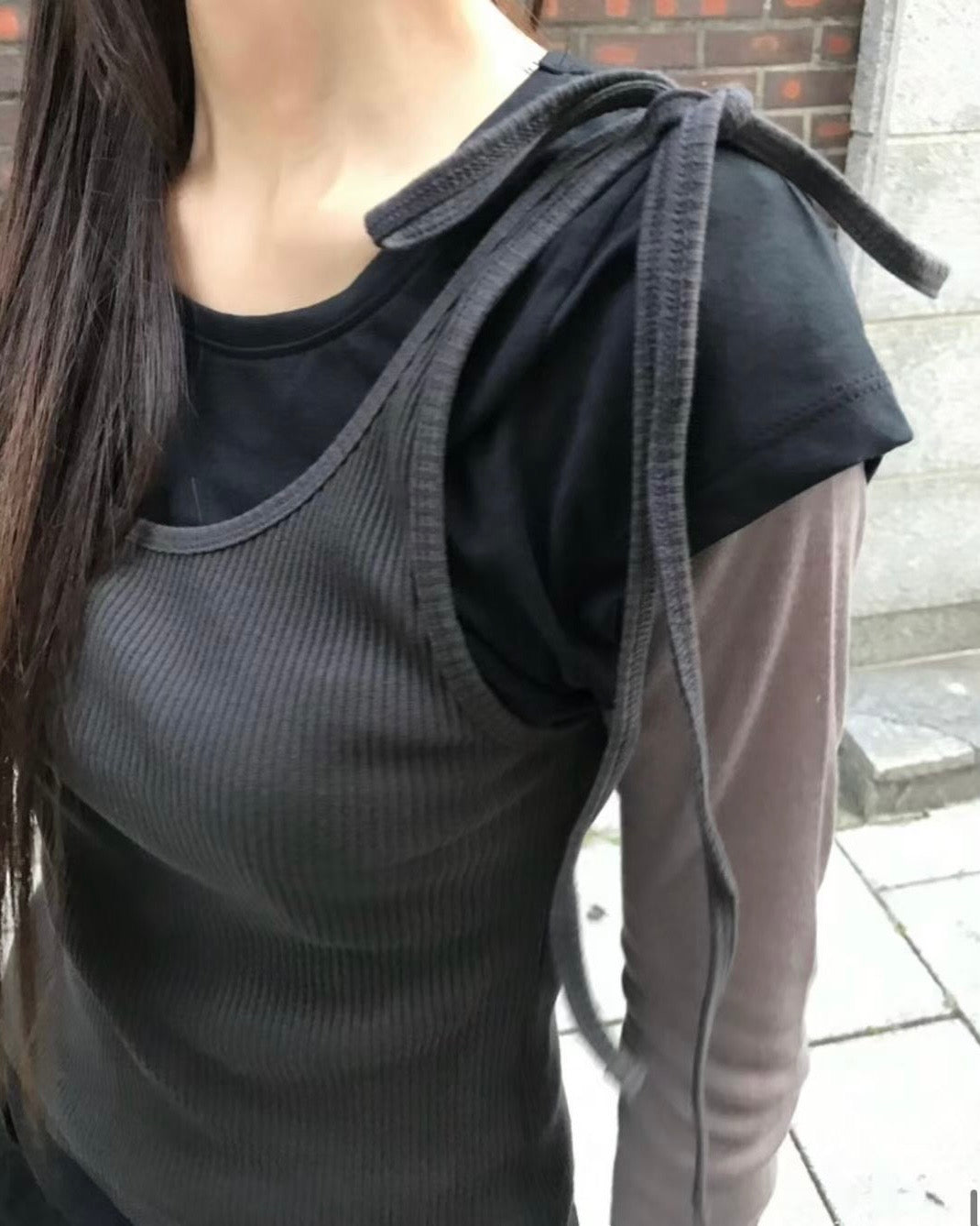 TP676- Side Ribbon Vest | Milk tea | Brown | Black