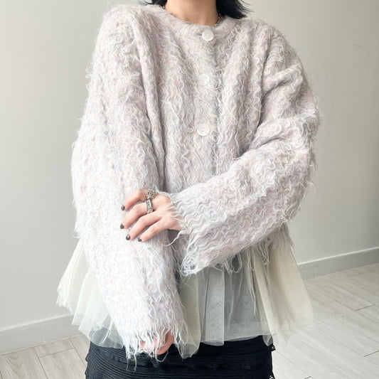 JK30- Wool Blend Shaggy Knit Cardigan | Mix Pink | Grey