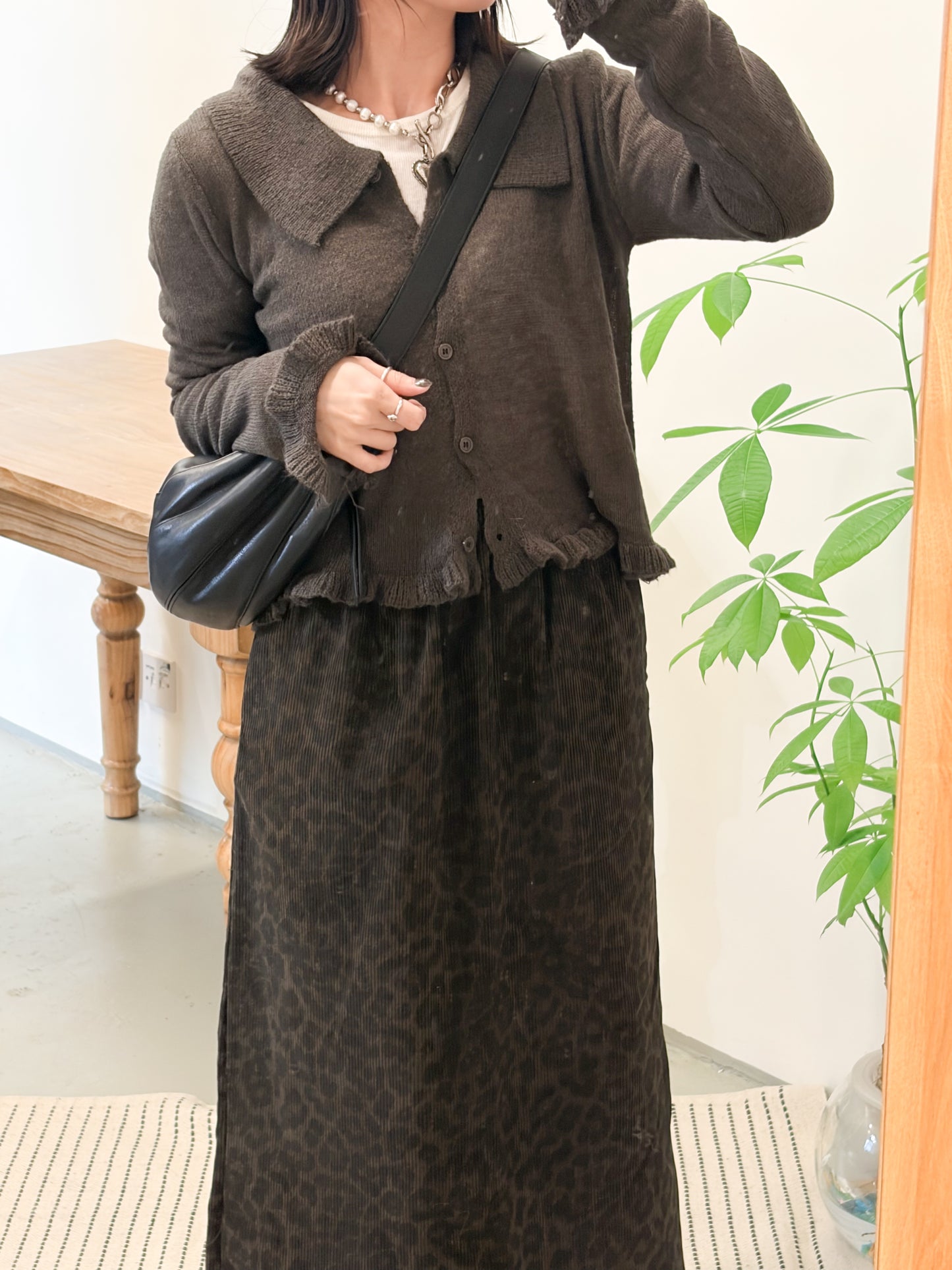 JK46- Ruffle Knit Cardigan | Grey | Brown