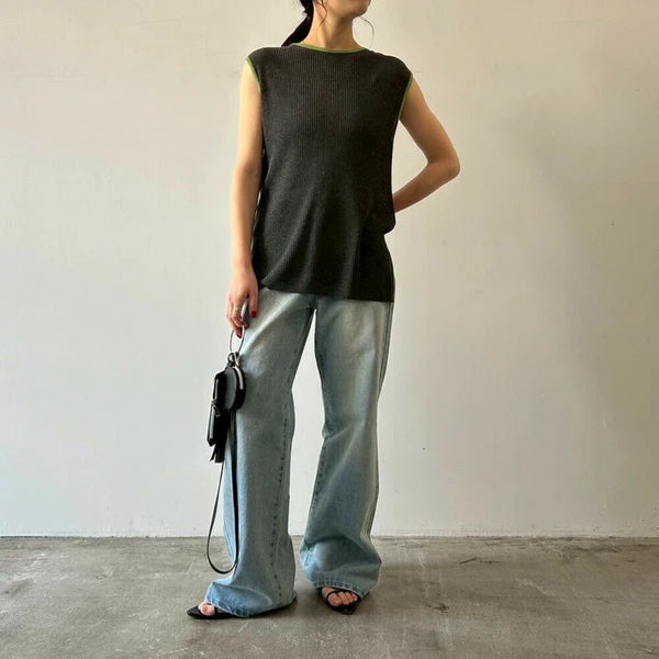 TP518- Color Sleeve Vest  Top | Ivory | Grey | Brown