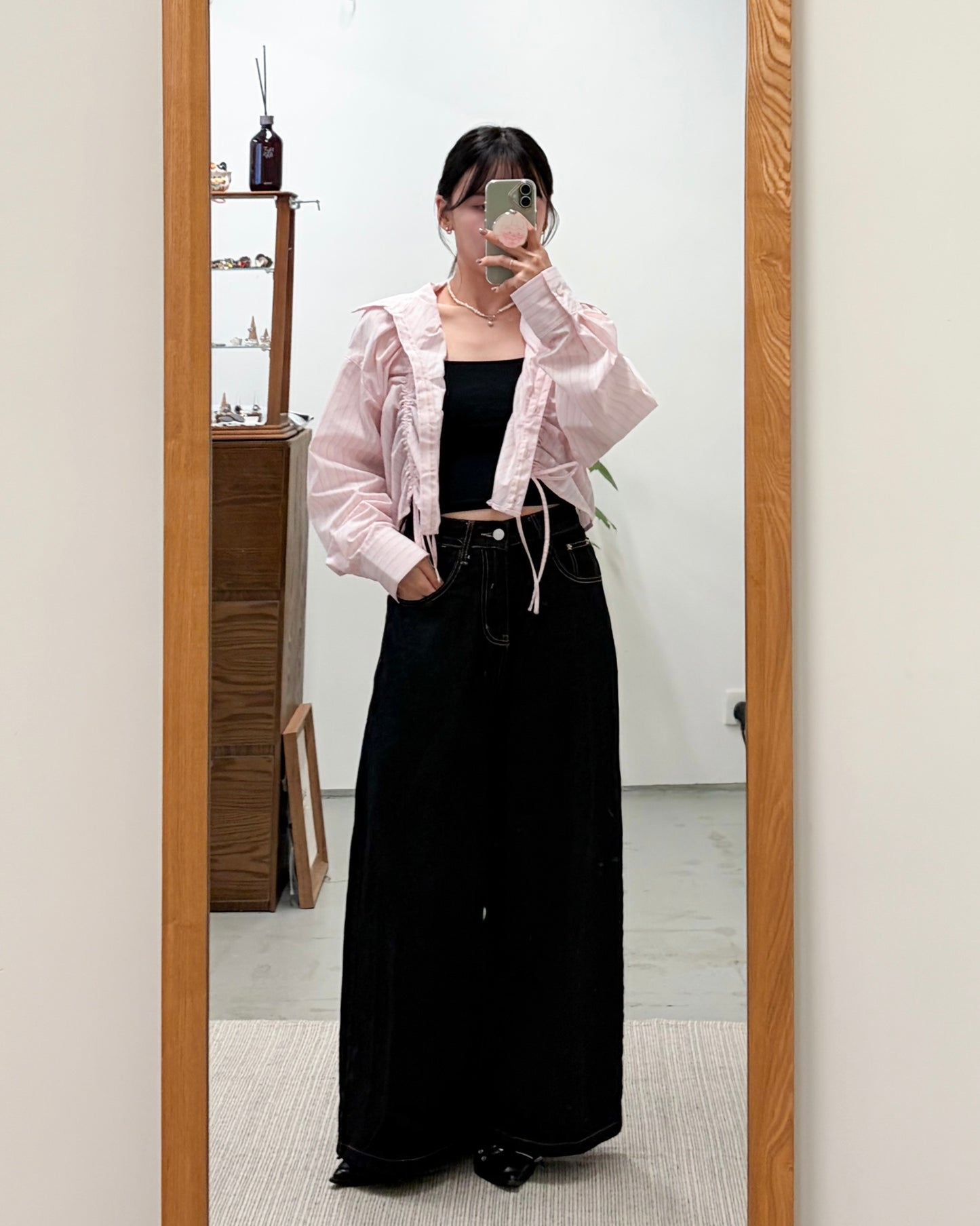 TP739- Front Shirring Short Length Shirt | Pink | Blue