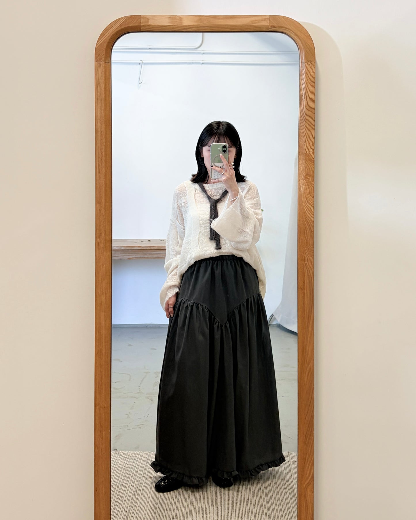 SK141- Ruffle Long Skirt | White | Charcoal