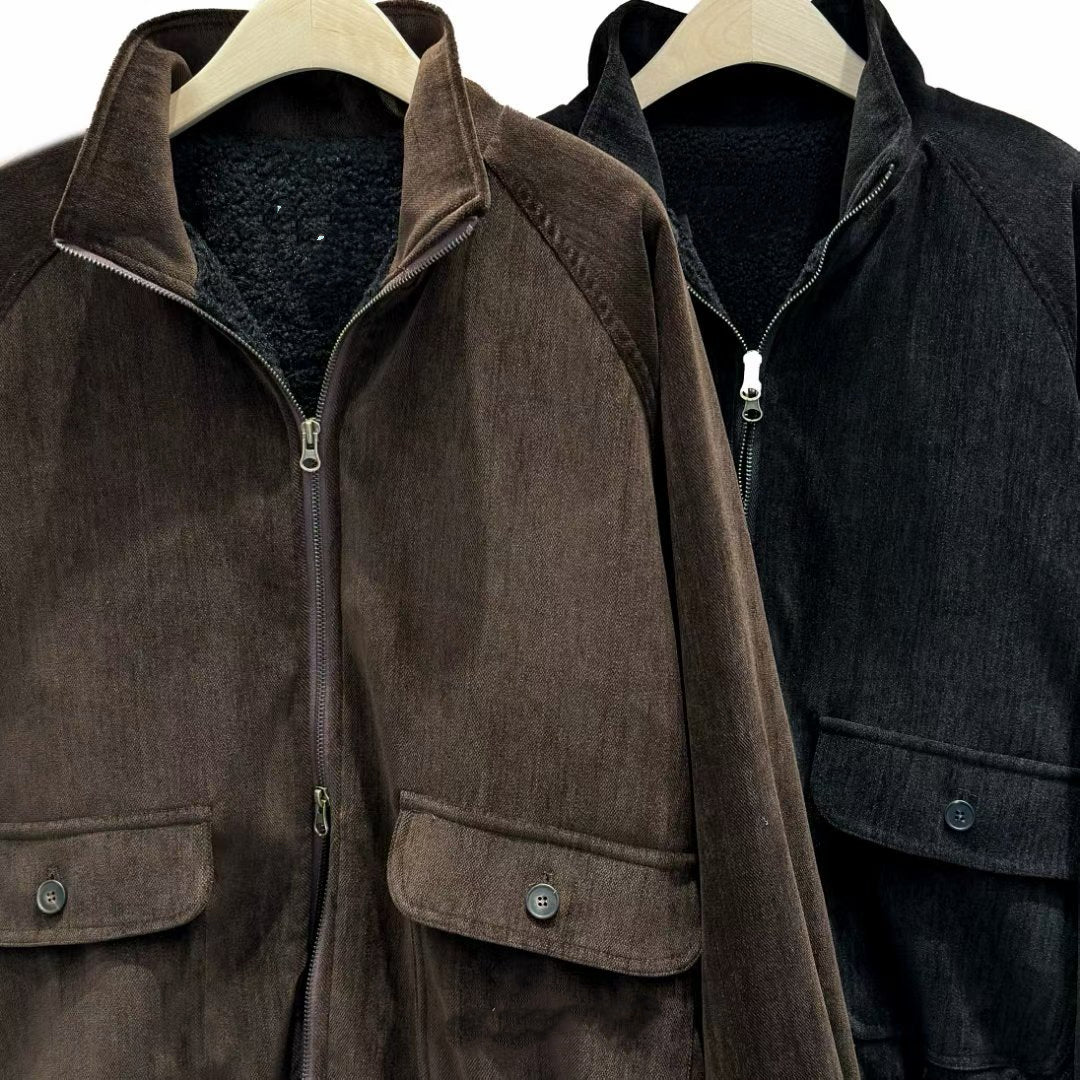 必入手！ JK45- 天鵝絨羊毛企領雙拉鍊外套 | Brown | Black ( 內有毛毛 )