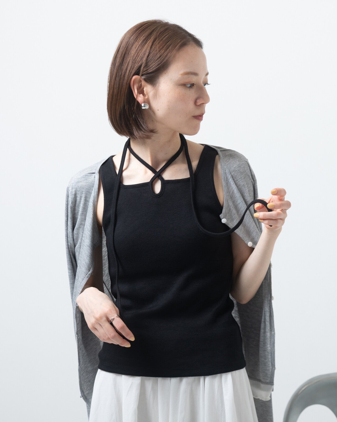 TP797- Corded Ribbon Tank Top With Cups | Ivory | Black