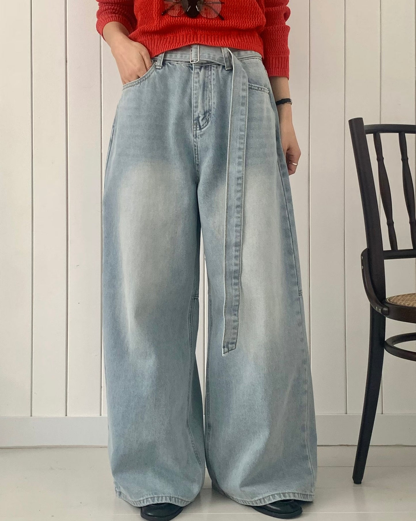 PT106- Wide Blue Jeans With Belt | Light Blue | Deep Blue ( S / M )