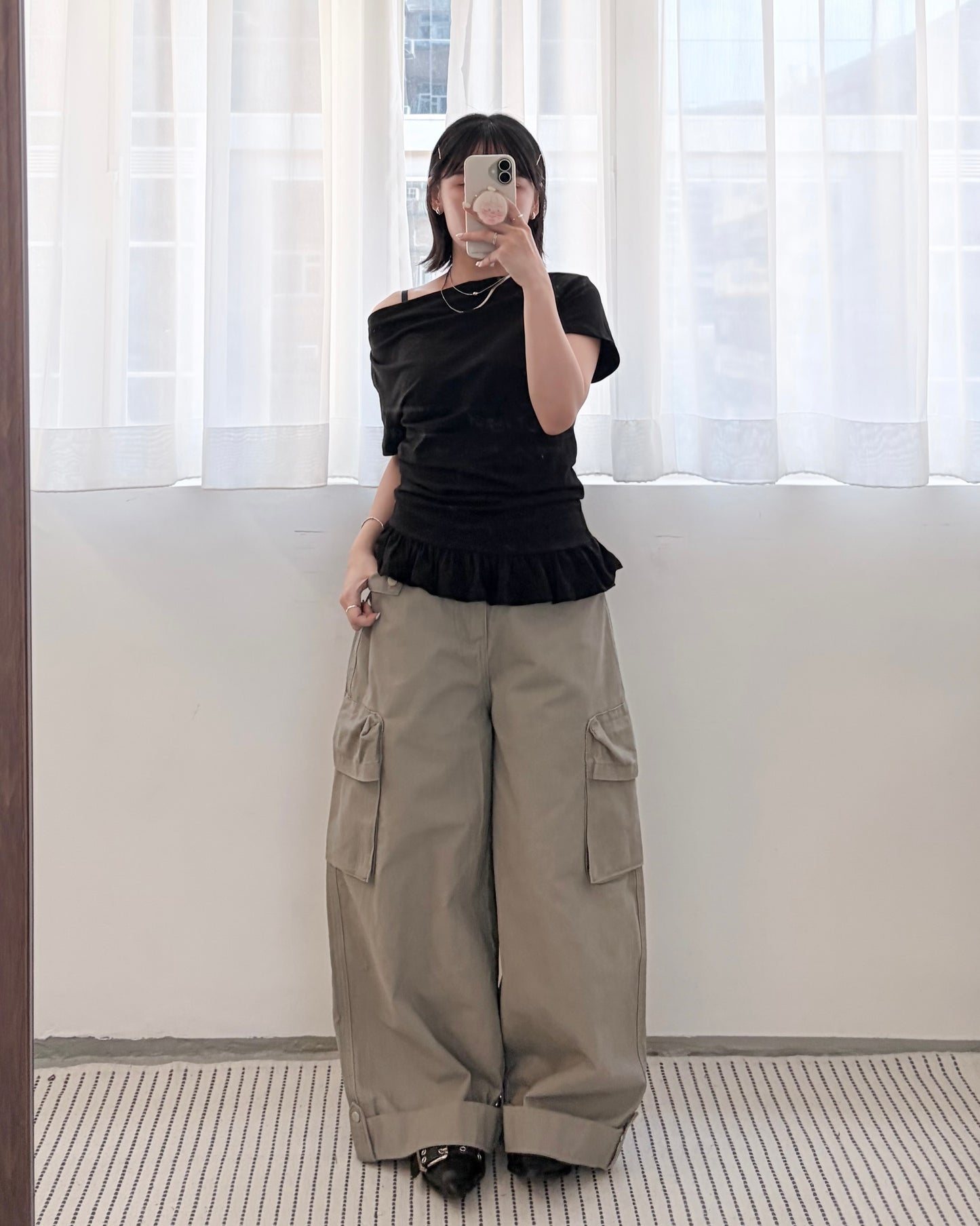 TP830- Off- shoulder Ruffle Top | Charcoal | Black