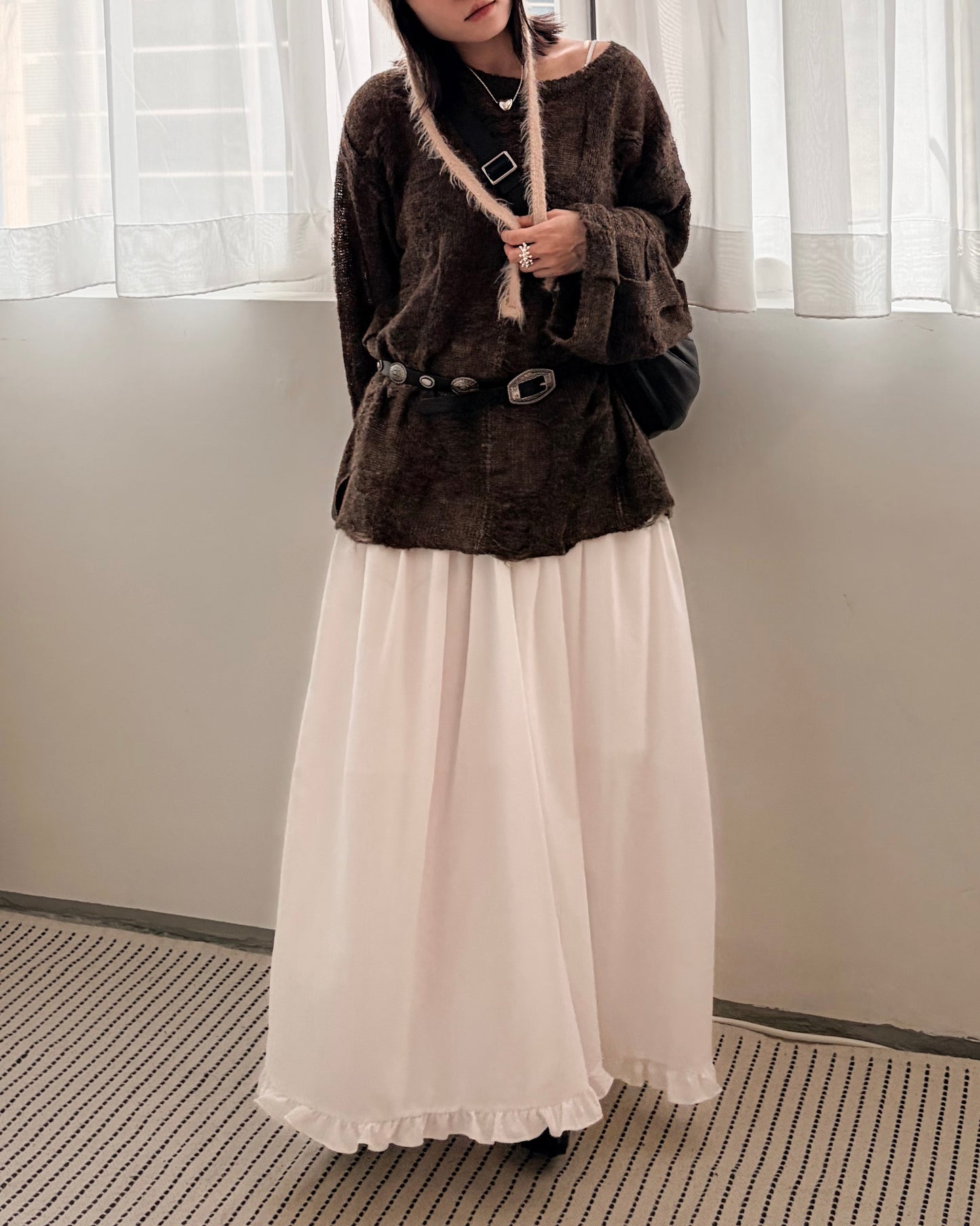 SK141- Ruffle Long Skirt | White | Charcoal