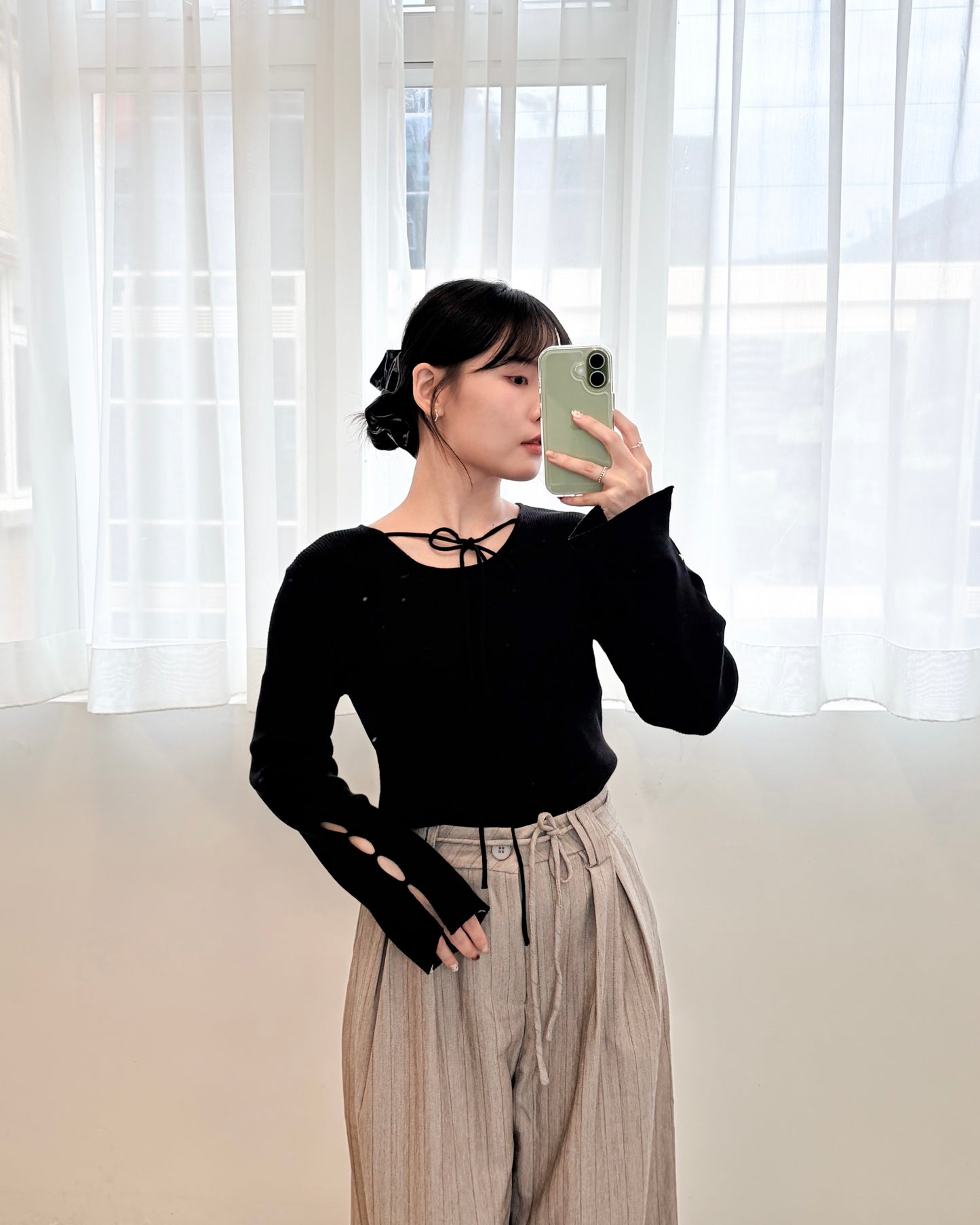 TP682- Neck String ribbon Knit Top |  Ivory | Blue | Black