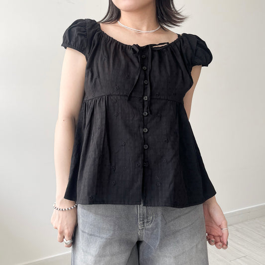 TP647- Bubble Sleeve Daisy Ribbon Blouse | White | Black