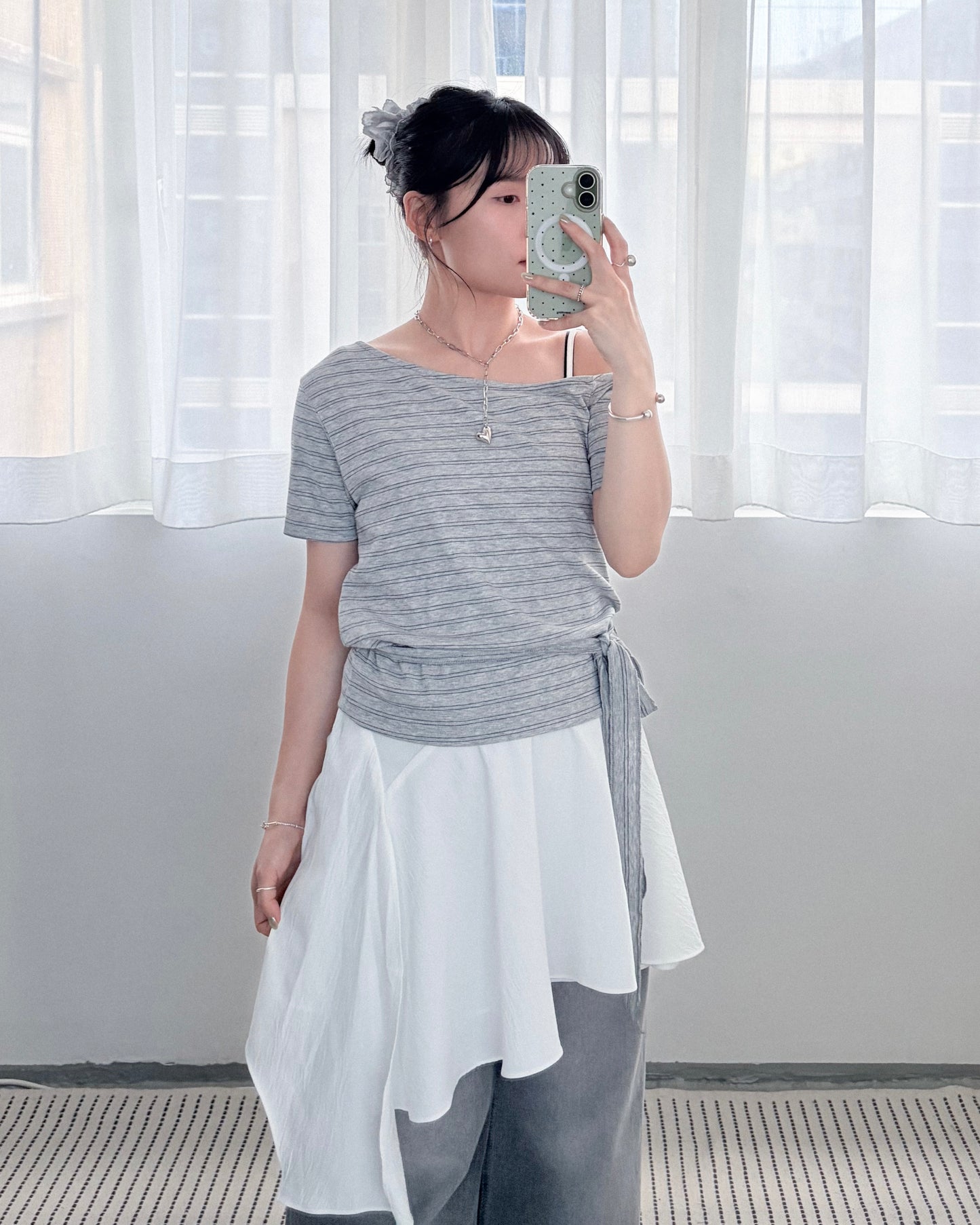 TP767- Stripe Off-shoulder Top With Neck Strap | White | Blue | Black