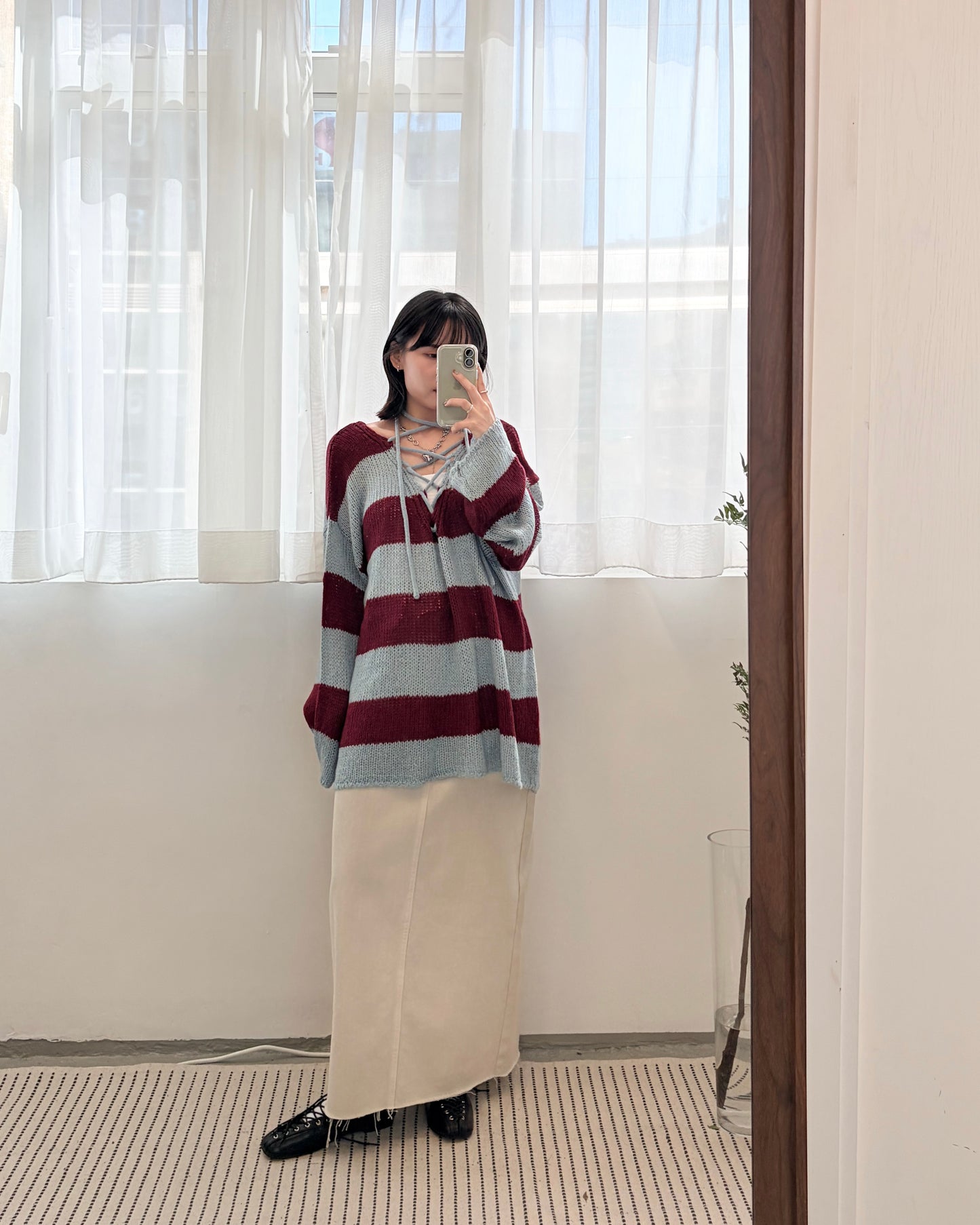 TP691- 拼色2 Ways Stripe Knit Top | Lime x Orange | Blue x Purple | Grey x Black