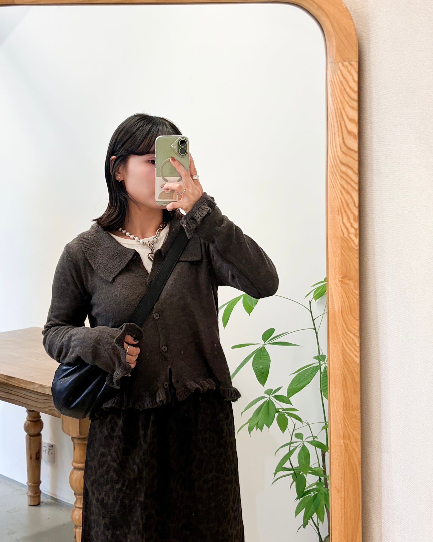 JK46- Ruffle Knit Cardigan | Grey | Brown