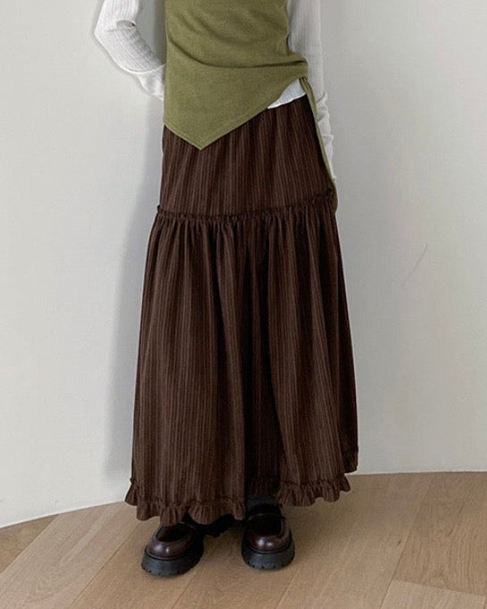 SK133- 薄燈芯絨條子Ruffle Skirt | Ivory | Brown
