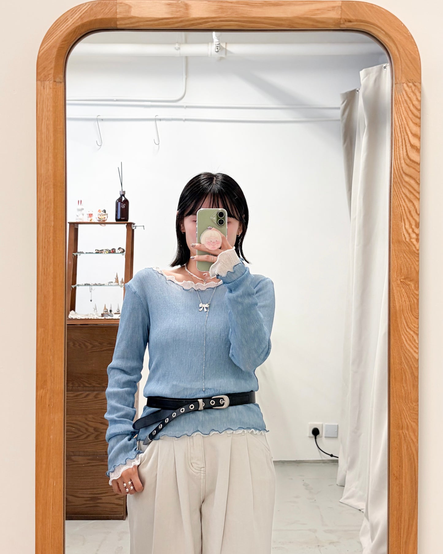 BT13- 圈圈扣疊帶牛皮皮帶 | Black