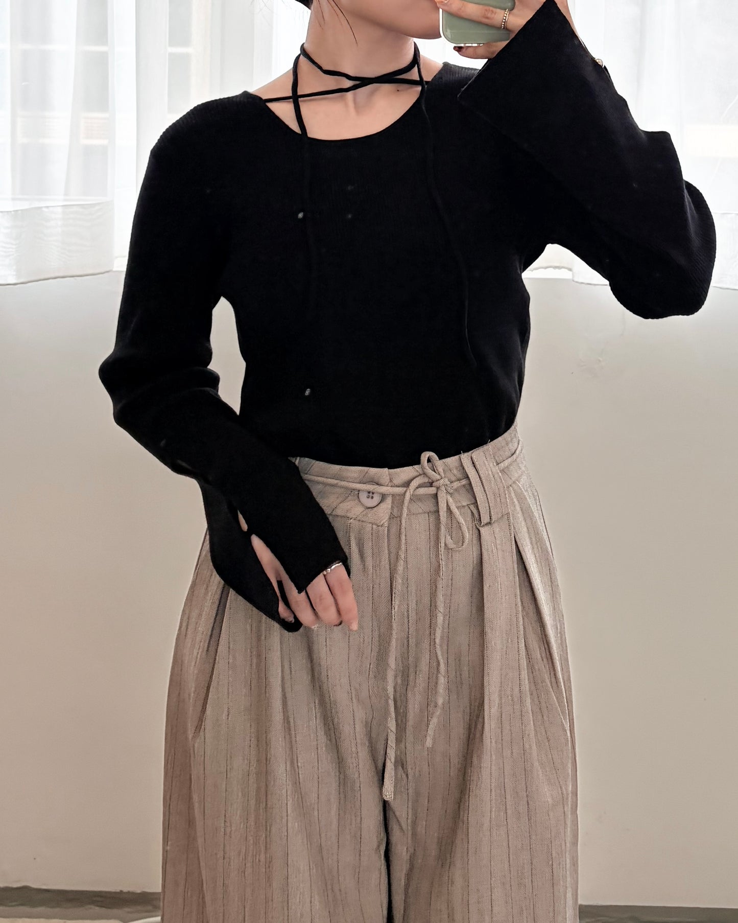 TP682- Neck String ribbon Knit Top |  Ivory | Blue | Black