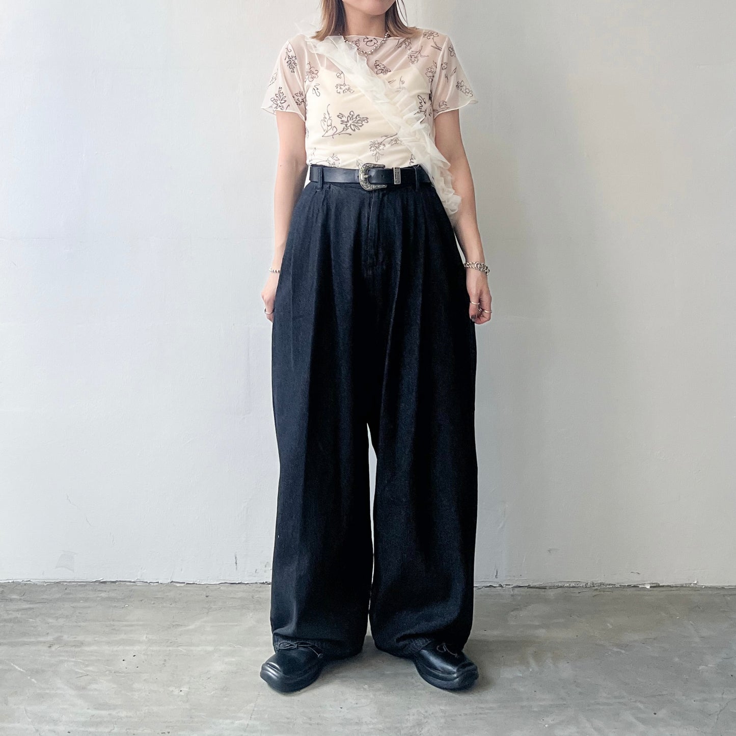 PT54- Denim Pant Tucked Wide Pants | Navy | Black