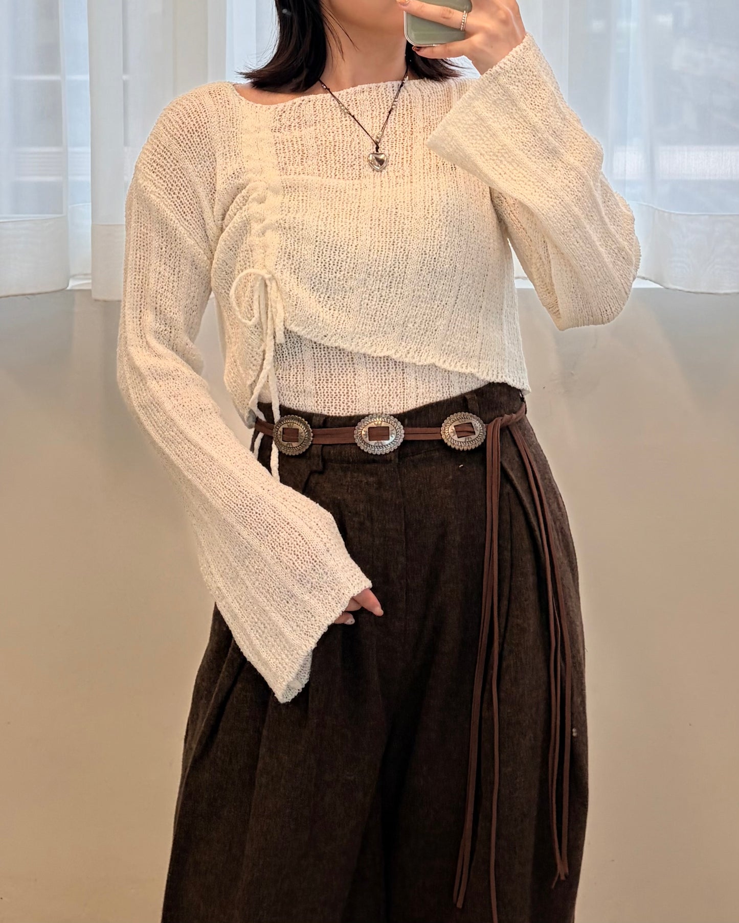 TP681- Cropped Shirring Set Top | Ivory | Brown | Black