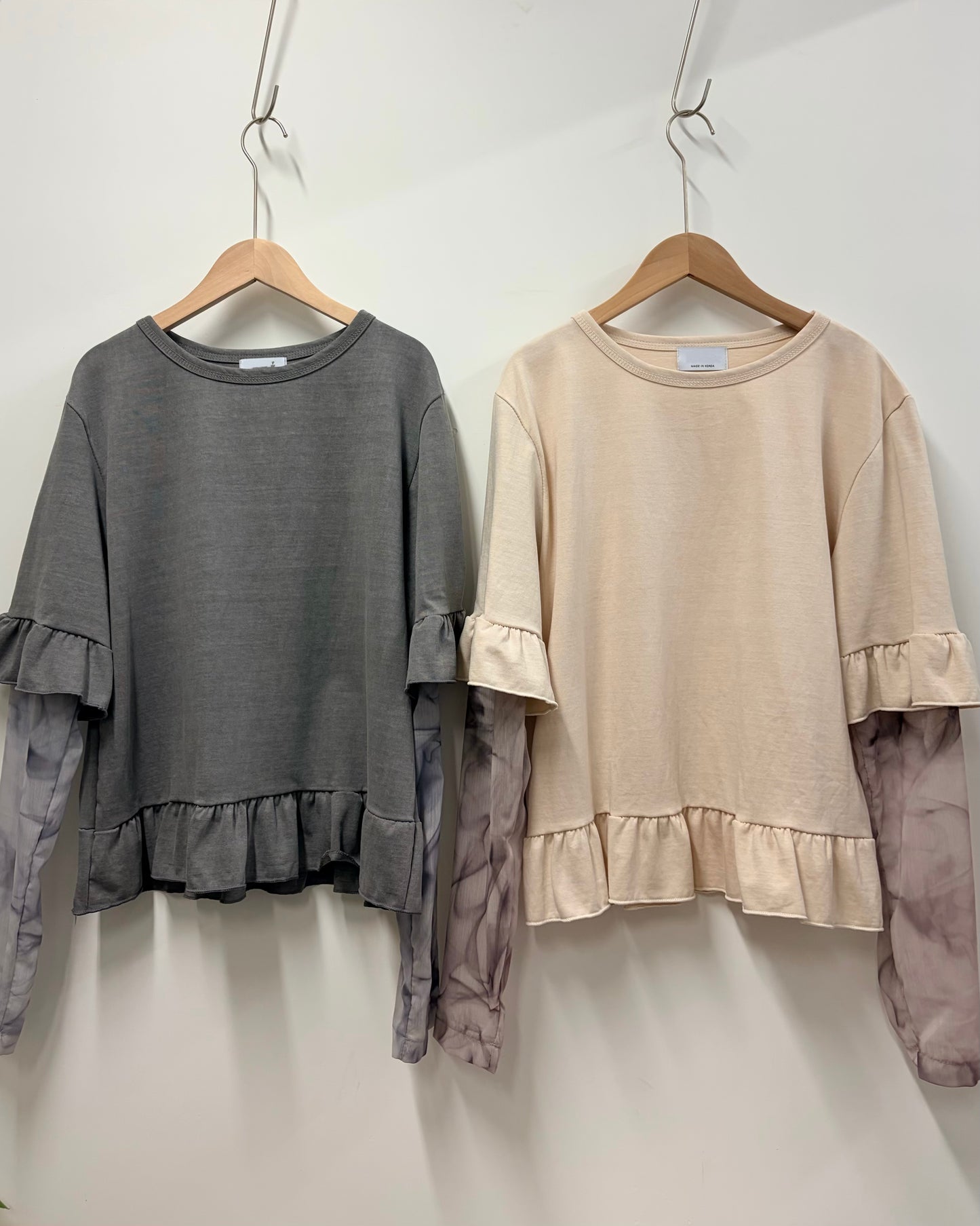 TP729- 2 in 1 Ruffle Sleeve Top | Beige | Grey