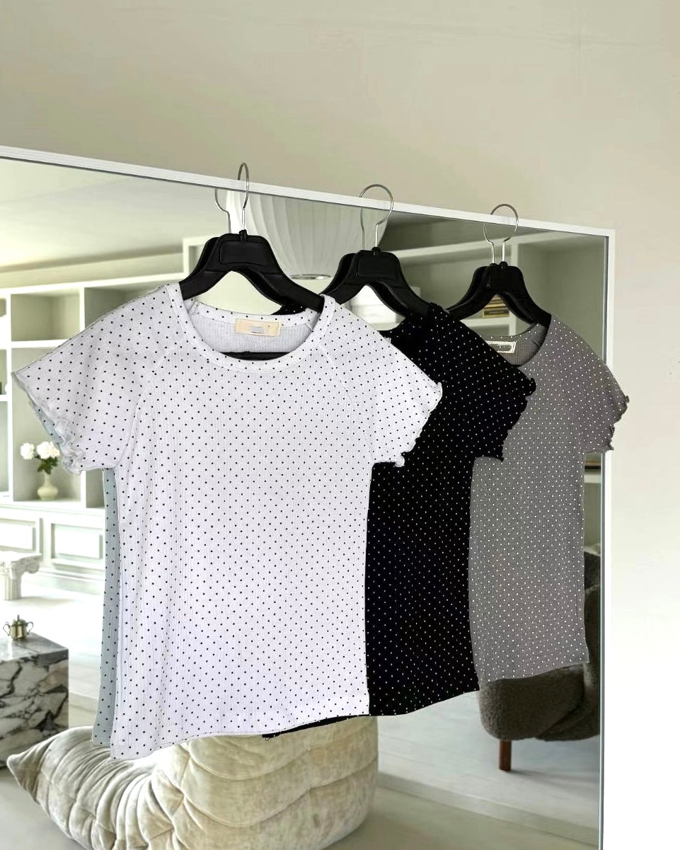 TP748- Ruffle Sleeve Small Dot Top | White | Grey | Black