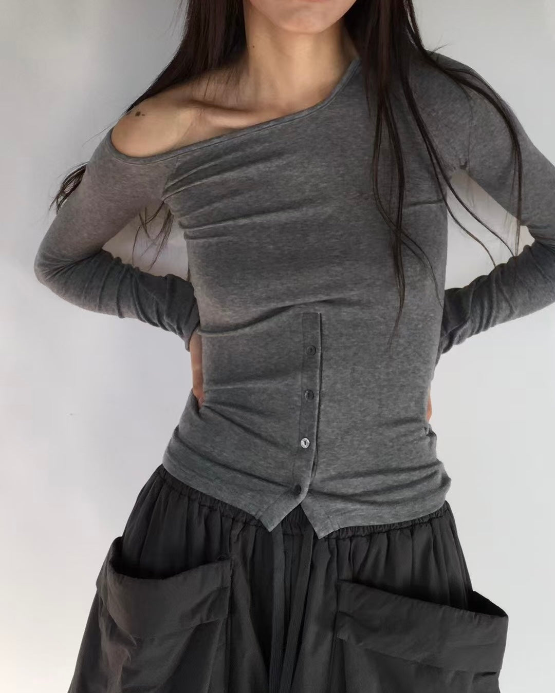TP720- 斜肩貼身Button Cotton Top | White | Grey | Black