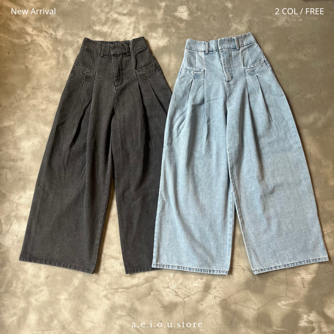 PT45- Denim Tuck Pants | Blue | Black | White