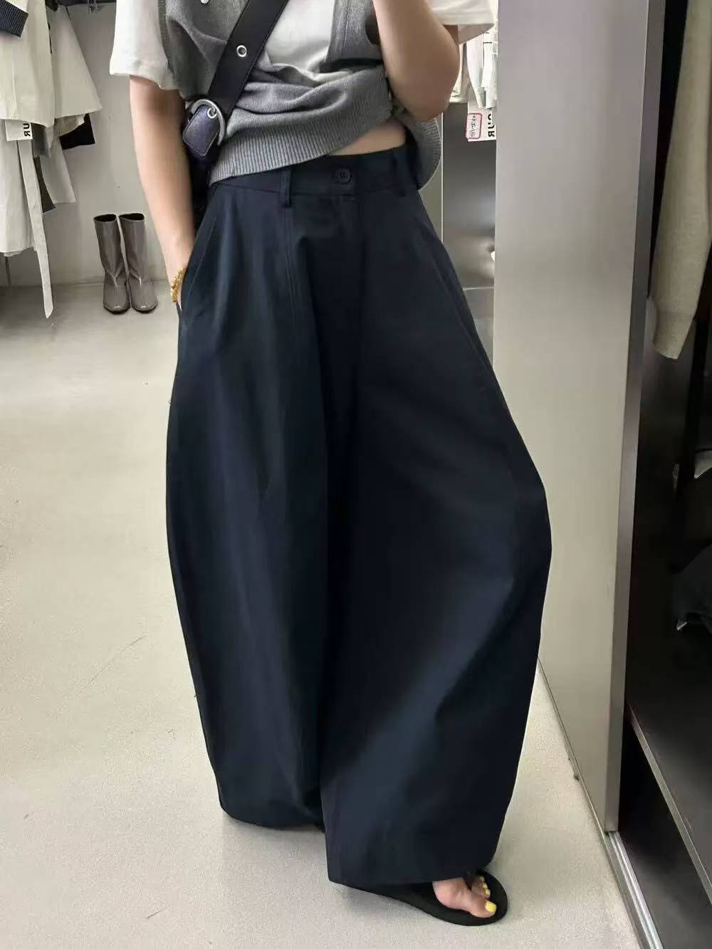 PT99- Wide Cotton Pants | Ivory | Navy