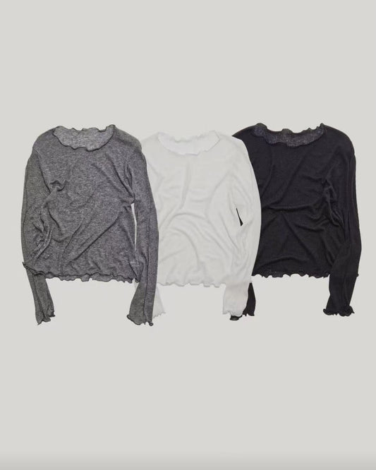 TP695- 半透Ruffle邊Top | White | Grey | Black