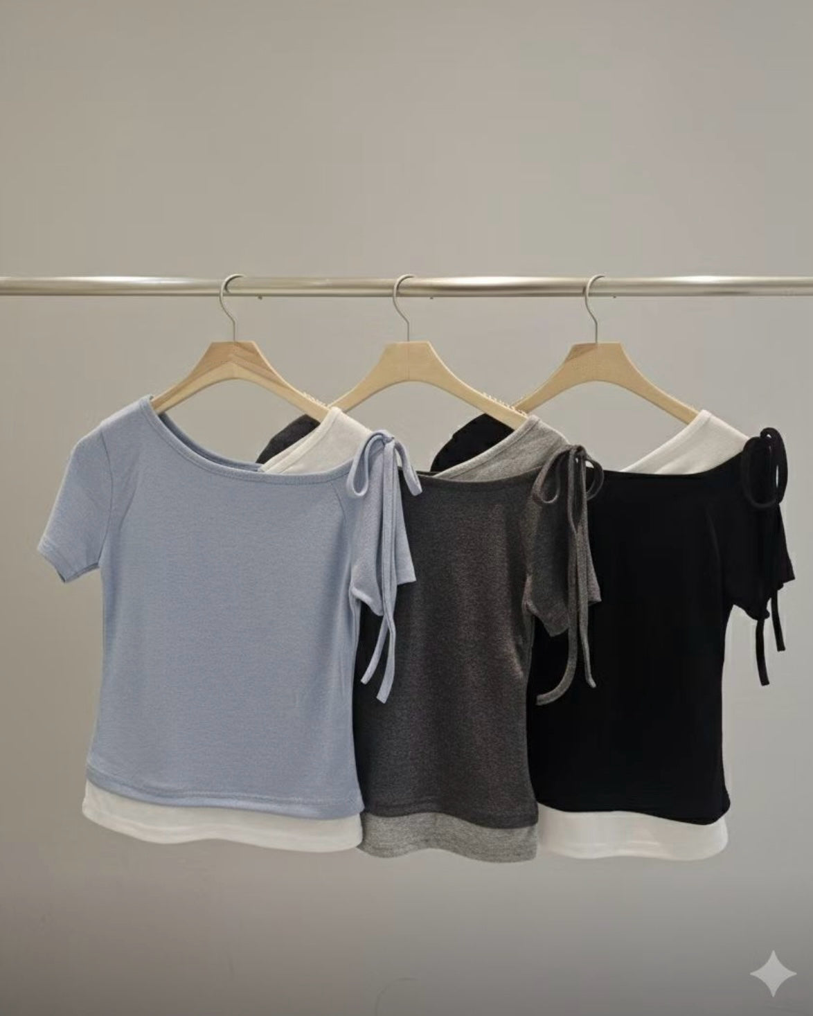 TP743- 2 in 1 Ribbon Sleeve Tee | White x Blue | Grey x Charcoal | White x Black