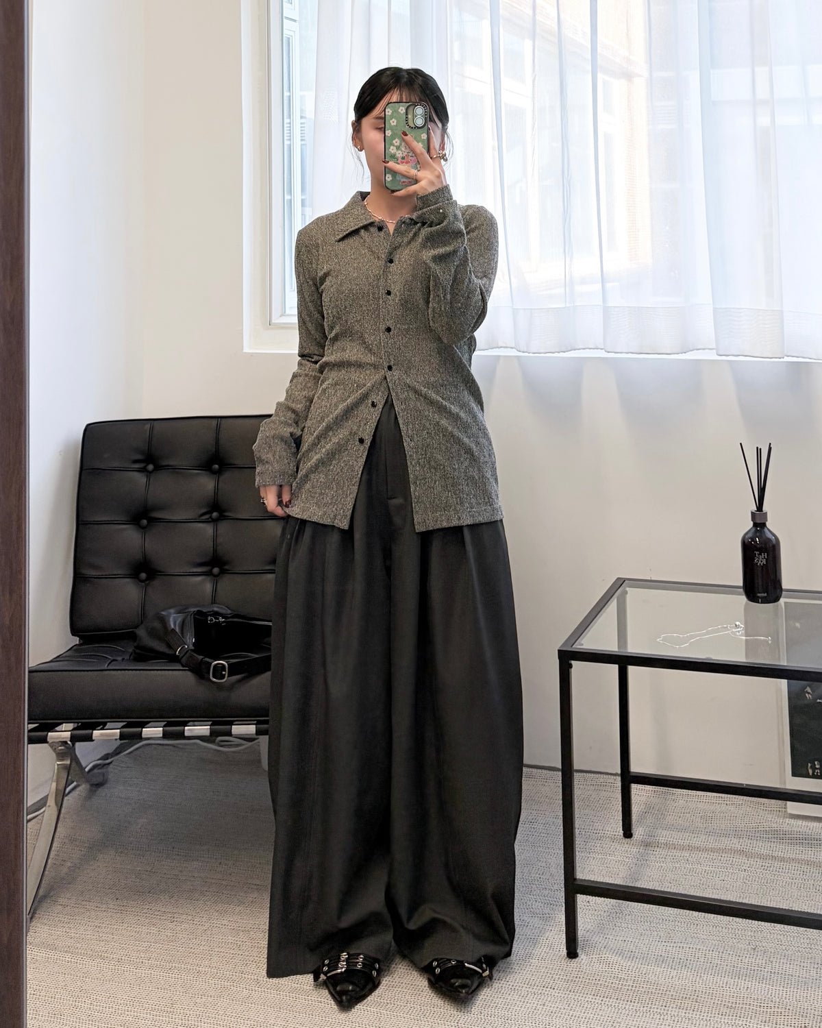 TP852- Mesh Shirt Cardigan | Grey | Black