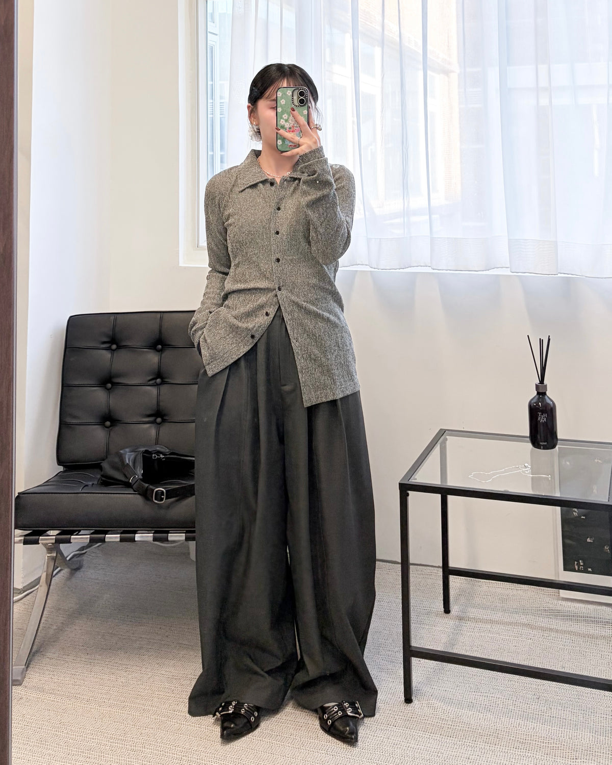 TP852- Mesh Shirt Cardigan | Grey | Black