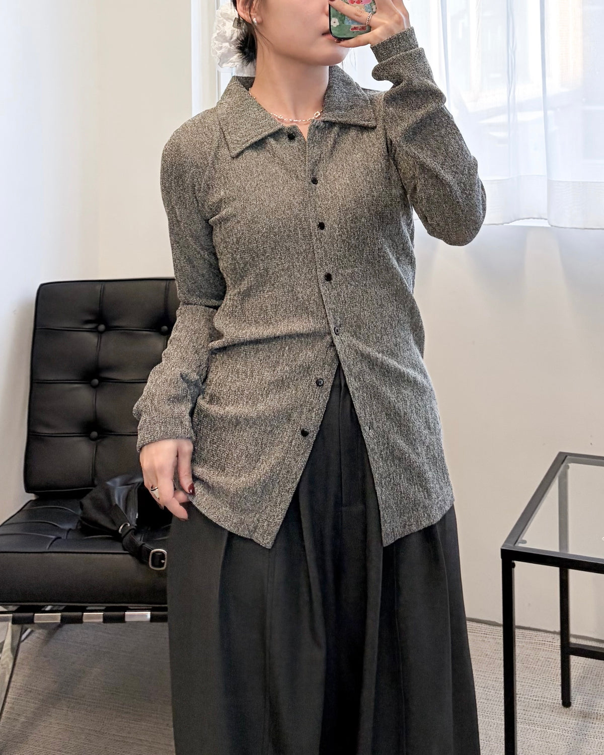 TP852- Mesh Shirt Cardigan | Grey | Black