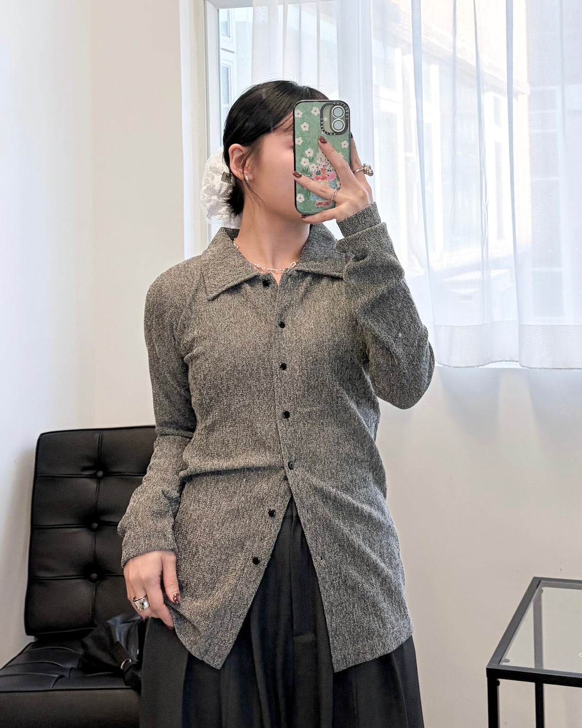 TP852- Mesh Shirt Cardigan | Grey | Black