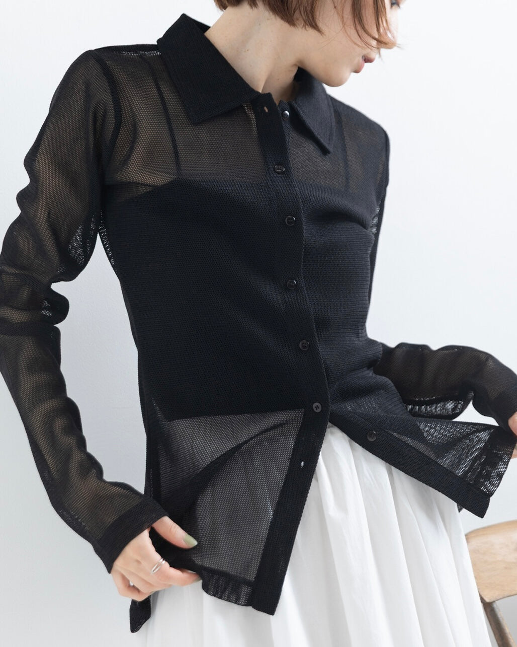 TP852- Mesh Shirt Cardigan | Grey | Black